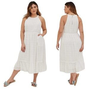Torrid Plus Sz 3X Halter Ruffle Tiered Midi Voile Eyelet Dress White Party NEW